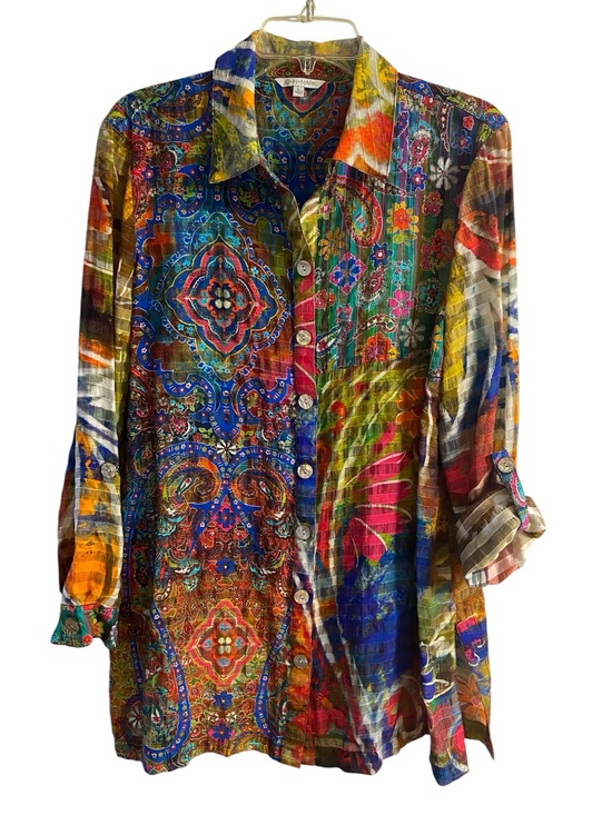 John Mark Tops - John Mark Colorful Patchwork Paisley Medallion Button Front Blouse Tunic Large